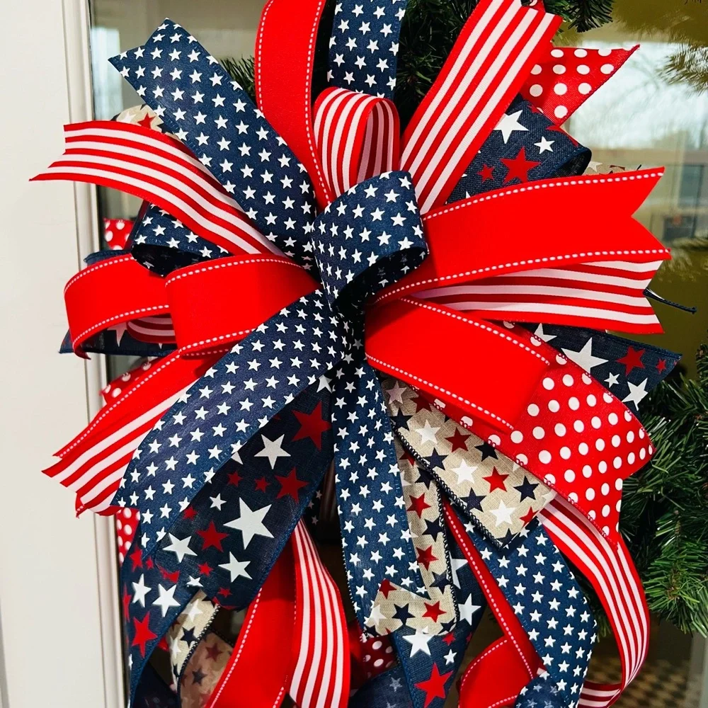 XL Patriotic Red, Navy & White Ribbon Bow Wreath Accent Handmade
